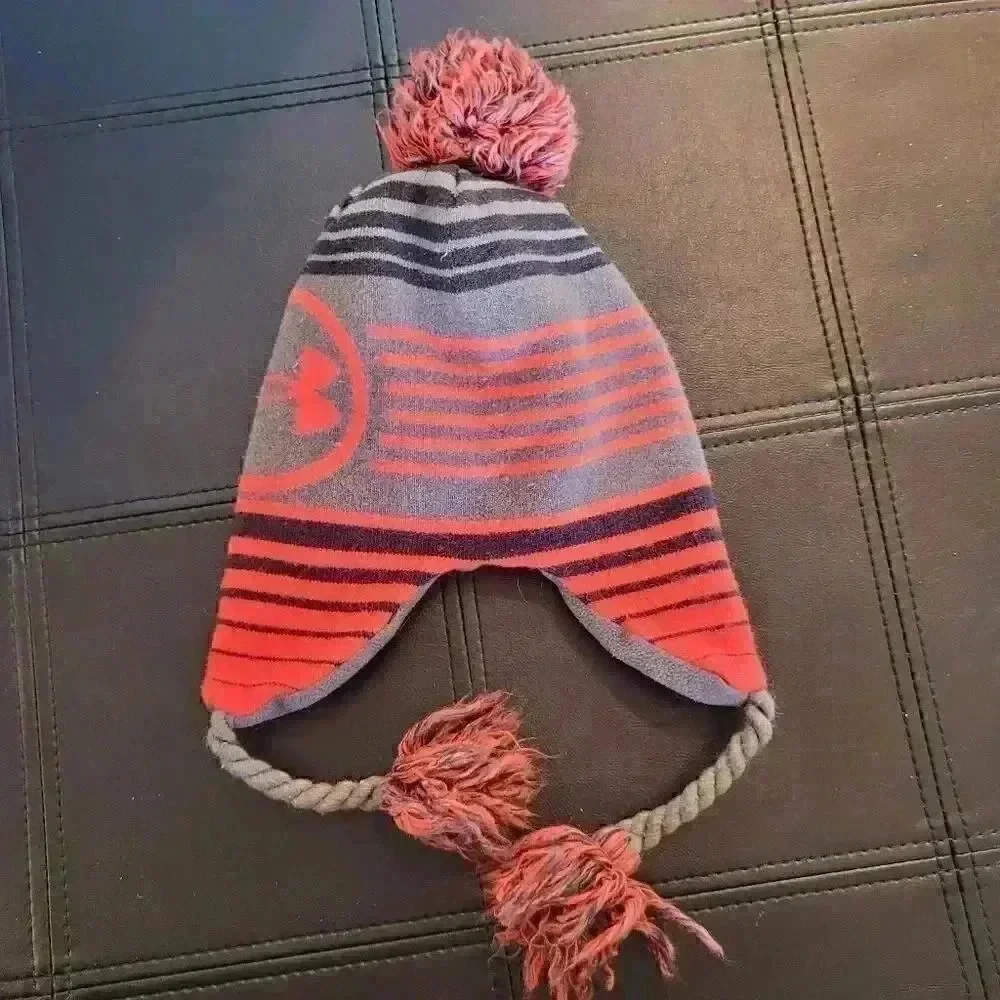 Under Armour Boy's Black/Gray/Red Acrylic Beanie w Ear Flaps, Tassles & Pom-Pom